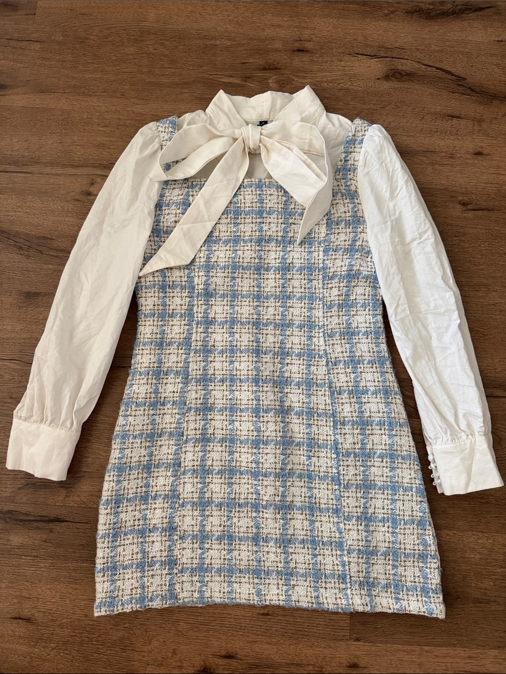 Zaful Blue & White Tweed Bow-Front Dress